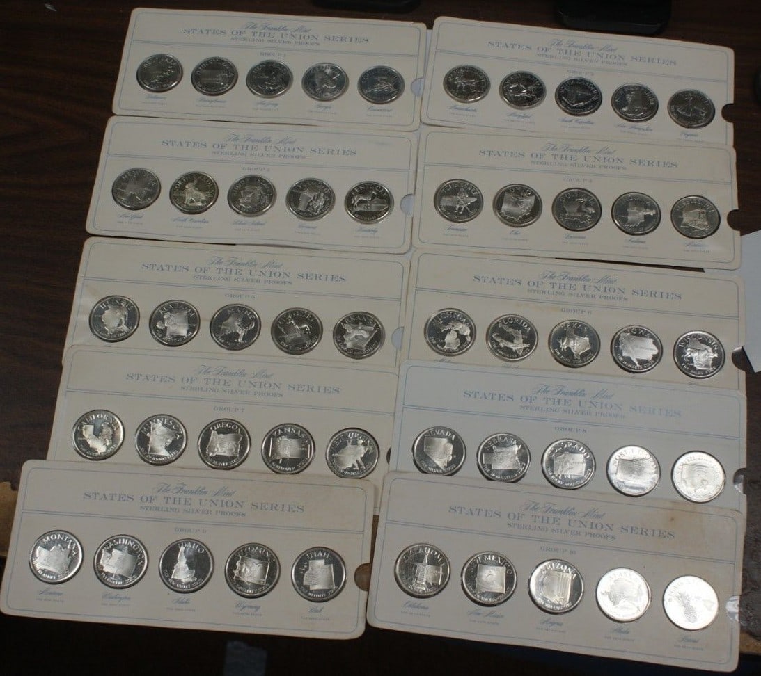 Franklin Mint 50 Proof Sterling Silver Medals Set 22.5 oz Uncirculated: Franklin Mint 50 Proof Sterling Silver Medals Set 22.5 oz Uncirculated This collection features the Franklin Mint States of the Union Series, comprising 50 proof sterling silver medals, each crafted t