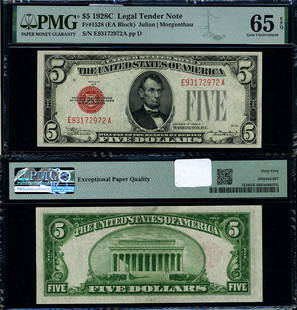 $5 1928-C Legal Tender Note PMG CU65 EPQ Gem Condition: $5 1928-C Legal Tender Note PMG CU65 EPQ Gem Condition This $5 1928-C Legal Tender note exemplifies the quality expected from Gem condition. Graded CU65 EPQ by PMG, this uncirculated bill showcases in