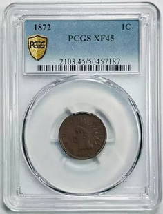 1872 P Indian Head Penny PCGS XF 45 BN Copper Coin: 1872 P Indian Head Penny PCGS XF 45 BN Copper Coin This 1872 P Small Cents Indian Head Penny features a rich brown patina, showcasing its historical significance. Certified by PCGS with a grade of XF