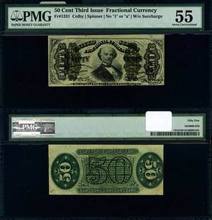 FR. 1331 50c 3rd Issue Fractional Note PMG AU55 Circulated: FR. 1331 50c 3rd Issue Fractional Note PMG AU55 Circulated This 50 cent fractional note, designated FR. 1331, represents the 3rd Issue and is graded AU55 by PMG. The note is circulated and shows signs