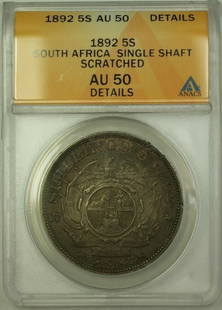 1892 South Africa 5 Shillings Coin ANACS AU 50 Silver 0.925: 1892 South Africa 5 Shillings Coin ANACS AU 50 Silver 0.925 This 1892 South Africa 5 Shillings coin is a notable piece for collectors, certified by ANACS with a grade of AU 50. The coin is composed of