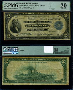 1918 $2 Boston Federal Reserve Bank Note PMG VF20: 1918 $2 Boston Federal Reserve Bank Note PMG VF20 This is a 1918 Federal Reserve Bank Note from Boston, graded as VF20 by PMG. It is a circulated note, displaying unique characteristics typical of its