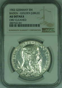 1902 Germany-Baden 5 Mark Silver Coin NGC AU Details Golden Jubilee: 1902 Germany-Baden 5 Mark Silver Coin NGC AU Details Golden Jubilee This 1902 Germany-Baden 5 Mark Silver Coin celebrates the Golden Jubilee and is a notable addition for any numismatic enthusiast. Th