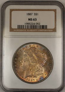 1887 Morgan Silver Dollar NGC MS 63 Toned Coin Philadelphia: 1887 Morgan Silver Dollar NGC MS 63 Toned Coin Philadelphia This 1887 Morgan Silver Dollar is a stunning example of American coinage, certified by NGC with a grade of MS 63. The coin features a beauti