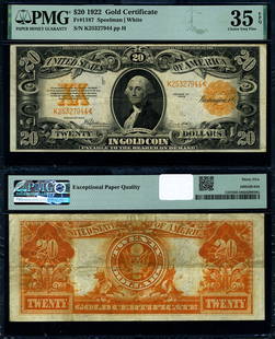 1922 $20 Gold Certificate PMG VF35 EPQ Choice Authentic: 1922 $20 Gold Certificate PMG VF35 EPQ Choice Authentic This 1922 $20 Gold Certificate is a remarkable piece of monetary history, graded as Choice VF35 EPQ by PMG, indicating its excellent quality des