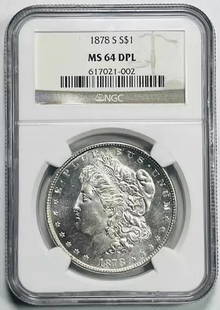 1878 S Morgan Silver Dollar NGC MS 64 DPL Uncirculated: 1878 S Morgan Silver Dollar NGC MS 64 DPL Uncirculated This 1878 S Morgan Silver Dollar is a stunning example of American coinage, certified by NGC with a grade of MS 64 and featuring a Deep Proof Lik