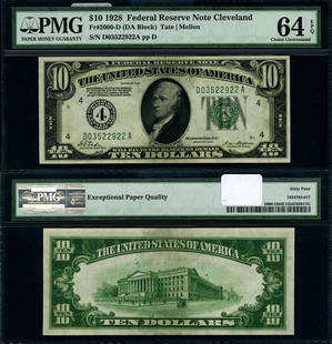 1928 $10 Cleveland Federal Reserve Note PMG CU64 EPQ: 1928 $10 Cleveland Federal Reserve Note PMG CU64 EPQ This 1928 Federal Reserve Note, denomination $10, is graded as CU64 EPQ Choice by PMG, indicating it is in uncirculated condition. It features the