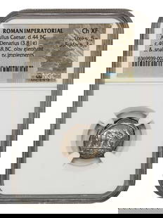 Julius Caesar Ancient Roman AR Denarius 49-48 BC NGC Choice XF: Julius Caesar Ancient Roman AR Denarius 49-48 BC NGC Choice XF This Ancient Roman AR Denarius, dated around 49-48 BC, features a striking obverse design of an elephant advancing right, trampling a hor