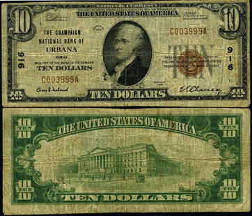 1929 T-1 $10 National Bank Note Urbana Ohio Ch #916 VG: 1929 T-1 $10 National Bank Note Urbana Ohio Ch #916 VG This $10 National Bank Note from Urbana, Ohio, is a 1929 T-1 issue, classified in Very Good (VG) condition. It is a circulated piece, showcasing