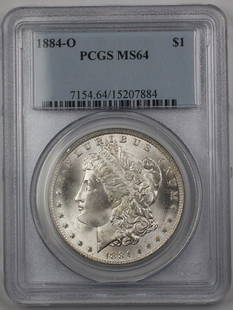 1884-O Morgan Silver Dollar PCGS MS 64 Uncirculated New Orleans Coin: 1884-O Morgan Silver Dollar PCGS MS 64 Uncirculated New Orleans Coin This 1884-O US Morgan Silver Dollar $1 Coin, certified by PCGS with a grade of MS 64, showcases its uncirculated condition, indicat