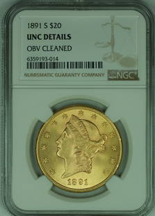 1891-S Liberty Head $20 Double Eagle Gold Coin NGC UNC Details: 1891-S Liberty Head $20 Double Eagle Gold Coin NGC UNC Details This 1891-S Liberty Head $20 Double Eagle coin is a remarkable piece of numismatic history. Certified by NGC with the designation of UNC