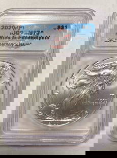 2020 American Silver Eagle MS-70 Uncirculated ICG Certified Coin: 2020 American Silver Eagle MS-70 Uncirculated ICG Certified Coin This 2020 American Silver Eagle coin is a stunning addition to any collection, graded MS-70, indicating it is in pristine, uncirculated