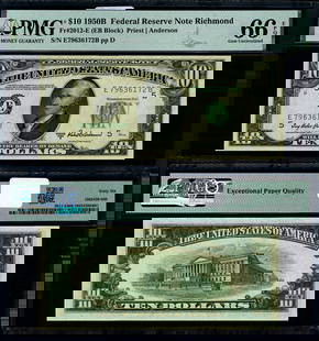 1950-B $10 Federal Reserve Note Richmond E-A Block PMG CU66 EPQ: 1950-B $10 Federal Reserve Note Richmond E-A Block PMG CU66 EPQ This uncirculated $10 Federal Reserve Note from the 1950-B series features a Gem grade of CU66 EPQ as certified by PMG. It represents a
