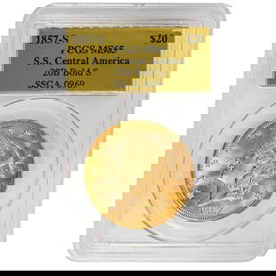 1857-S $20 Liberty Head Gold Coin PCGS MS65 S.S. Central America: 1857-S $20 Liberty Head Gold Coin PCGS MS65 S.S. Central America This stunning 1857-S $20 Liberty Head coin features a remarkable uncirculated condition, graded MS65 by PCGS. Minted in Philadelphia, t