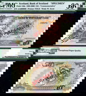 Scotland 10 Pound Note PMG CU66 EPQ Gem Uncirculated Currency: Scotland 10 Pound Note PMG CU66 EPQ Gem Uncirculated Currency This 10 Pound note from Scotland is graded CU66 EPQ by PMG, indicating its exceptional quality and uncirculated condition. As a piece of w