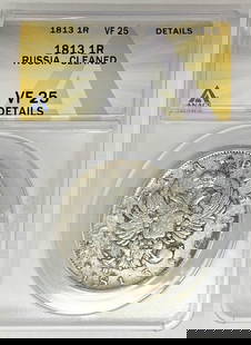 1813 Russian 1 Rouble Silver Coin ANACS VF 25 Certified: 1813 Russian 1 Rouble Silver Coin ANACS VF 25 Certified This 1813 1 Rouble coin from Russia is a remarkable piece of history, reflecting the Empire period that lasted until 1917. Crafted from silver,