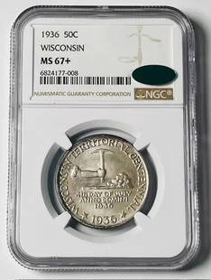 1936 Wisconsin Centennial Commemorative Coin NGC MS 67+ CAC Silver Dollar: 1936 Wisconsin Centennial Commemorative Coin NGC MS 67+ CAC Silver Dollar This 1936 Classic Commemorative Wisconsin Territorial Centennial coin is a stunning example of numismatic art, graded MS 67+ b