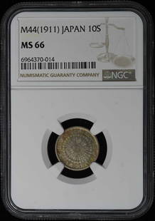 Japan 10 Sen Coin NGC MS66 Uncirculated 1911 Quality: Japan 10 Sen Coin NGC MS66 Uncirculated 1911 Quality This 10 Sen coin from Japan, certified by NGC with a grade of MS66, is a remarkable uncirculated piece. It is a pre-owned coin that showcases the q