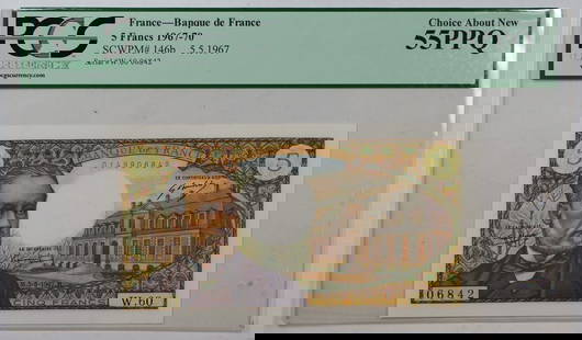 1967-70 Bank of France 5 Francs Note PCGS Choice About New 55PPQ: 1967-70 Bank of France 5 Francs Note PCGS Choice About New 55PPQ This 1967-70 5 French Francs note from the Bank of France is graded as PCGS Choice About New 55PPQ, indicating its excellent condition