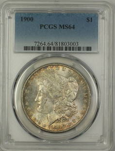 1900 Morgan Silver Dollar PCGS MS-64 Uncirculated Lightly Toned Coin: 1900 Morgan Silver Dollar PCGS MS-64 Uncirculated Lightly Toned Coin This 1900 Morgan Silver Dollar, graded MS-64 by PCGS, is in uncirculated condition, showcasing its lightly toned finish. Minted in