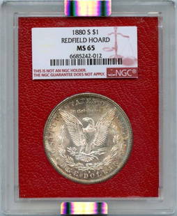 1880 S Morgan Silver Dollar NGC MS 65 Uncirculated Redfield Hoard: 1880 S Morgan Silver Dollar NGC MS 65 Uncirculated Redfield Hoard This 1880 S Morgan Silver Dollar is an exquisite example from the Redfield Hoard, certified by NGC with a remarkable grade of MS 65. T