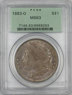 1883-O Morgan Silver Dollar PCGS MS-63 Toned OGH Proof-Like: 1883-O Morgan Silver Dollar PCGS MS-63 Toned OGH Proof-Like This stunning 1883-O Morgan Silver Dollar features a grade of MS 63 from PCGS, showcasing its uncirculated condition. Minted in New Orleans,