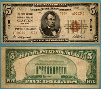 1929 T-2 $5 National Bank Note Clayton NY Ch #5108 F/VF: 1929 T-2 $5 National Bank Note Clayton NY Ch #5108 F/VF This $5 National Bank Note from Clayton, NY, issued in 1929 (Type T-2), is graded Fine/Very Fine (F/VF). It is a circulated note and is uncertif