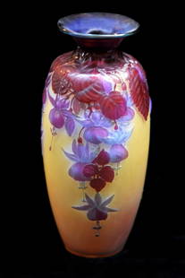 Emile Galle 11.5'' Blown Glass Floral Vase Circa 1900 Fuchsia Design: Emile Galle 11.5'' Blown Glass Floral Vase Circa 1900 Fuchsia Design This exquisite Emile Galle blown glass vase features a stunning floral pattern with fuchsia flowers, showcasing a captivating blend