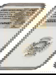 Julius Caesar Ancient Roman AR Denarius 49-48 BC NGC Choice AU: Julius Caesar Ancient Roman AR Denarius 49-48 BC NGC Choice AU This Ancient Roman AR Denarius, dating back to 49-48 BC, features a striking obverse design of an elephant advancing right and trampling