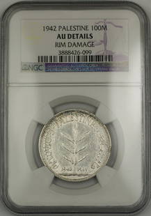 1942 Palestine 100 Mils Silver Coin NGC AU Details Circulated: 1942 Palestine 100 Mils Silver Coin NGC AU Details Circulated This 1942 Palestine 100 Mils silver coin is a remarkable piece for collectors. Certified by NGC, it is graded as AU Details, indicating it