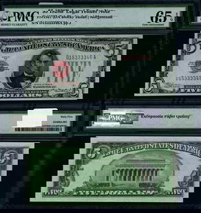 1928-B $5 Legal Tender Note PMG CU65 EPQ Gem Rare Currency: 1928-B $5 Legal Tender Note PMG CU65 EPQ Gem Rare Currency This 1928-B $5 Legal Tender note is a remarkable piece of history, graded as CU65 EPQ Gem by PMG, indicating its uncirculated condition. The