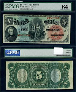 1869 $5 Legal Tender Note PMG CU64 Rainbow Design: 1869 $5 Legal Tender Note PMG CU64 Rainbow Design This $5 legal tender note from 1869 is graded as CU64 Choice by PMG, indicating its uncirculated condition. It features a vibrant rainbow design, show