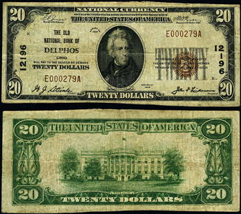 1929 T-1 $20 National Bank Note Delphos Ohio Ch #12196: 1929 T-1 $20 National Bank Note Delphos Ohio Ch #12196 This $20 National Bank Note from Delphos, Ohio, was issued in 1929 and is categorized as a Type T-1. The note is in Fine condition, indicating it