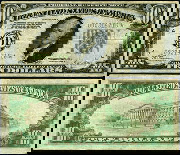 1928-B $10 Federal Reserve Note Cleveland D-* Block VF Circulated: 1928-B $10 Federal Reserve Note Cleveland D-* Block VF Circulated This is a $10 Federal Reserve Note from the year 1928-B, featuring the Cleveland D-* block. The note has been certified as Very Fine (