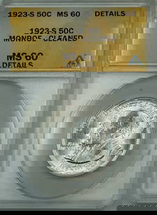 1923-S Monroe Commemorative Silver 50c Coin ANACS MS 60 Details: 1923-S Monroe Commemorative Silver 50c Coin ANACS MS 60 Details This 1923-S Monroe Commemorative Silver 50c coin, certified by ANACS with a grade of MS 60 Details, is a remarkable piece for any collec
