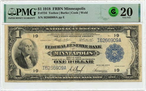 1918 $1 Minneapolis FRBN Note Type 734 PMG VF20 Signed Teehee Burke Cook Wold: 1918 $1 Minneapolis FRBN Note Type 734 PMG VF20 Signed Teehee Burke Cook Wold This 1918 $1 Federal Reserve Bank Note from Minneapolis is graded VF20 by PMG, with certification number 2196659009. It fe