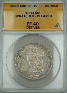 1833 O-115 Bust Silver Half Dollar ANACS EF 40 Certified: 1833 O-115 Bust Silver Half Dollar ANACS EF 40 Certified This 1833 O-115 Bust Silver Half Dollar Coin is certified by ANACS and graded EF 40 Details. It features a rich history, having been minted in