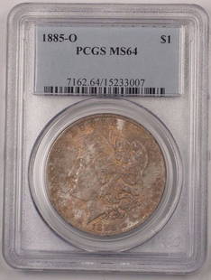 1885-O Morgan Silver Dollar Coin PCGS MS 64 Toned Uncirculated: 1885-O Morgan Silver Dollar Coin PCGS MS 64 Toned Uncirculated This 1885-O US Morgan Silver Dollar is a stunning example of American numismatic history. Graded MS 64 by PCGS, this uncirculated coin sh
