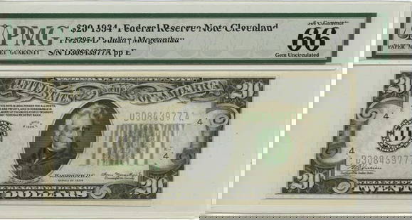 1934 $20 Federal Reserve Note Cleveland PMG Gem66 Type 2054-D: 1934 $20 Federal Reserve Note Cleveland PMG Gem66 Type 2054-D This 1934 $20 Federal Reserve Note from Cleveland, Ohio, is certified by PMG with a grade of MS66, indicating its exceptional quality and