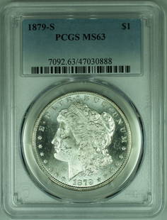 1879-S Morgan Silver Dollar PCGS MS63 Semi Proof-Like: 1879-S Morgan Silver Dollar PCGS MS63 Semi Proof-Like This 1879-S Morgan Silver Dollar is a stunning example of American numismatics, showcasing a semi proof-like finish. Struck at the San Francisco M