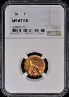 1941 Lincoln Cent NGC MS67RD Uncirculated Wheat Reverse Coin: 1941 Lincoln Cent NGC MS67RD Uncirculated Wheat Reverse Coin This 1941 Wheat Reverse Lincoln Cent, graded MS67RD by NGC, is an exceptional example of numismatic artistry. With a perfect uncirculated c