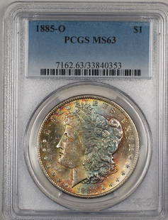 1885-O Morgan Silver Dollar PCGS MS 63 Toned Coin: 1885-O Morgan Silver Dollar PCGS MS 63 Toned Coin This 1885-O Morgan Silver Dollar is a stunning example of American numismatic history. Graded MS 63 by PCGS, this uncirculated coin features a beautif