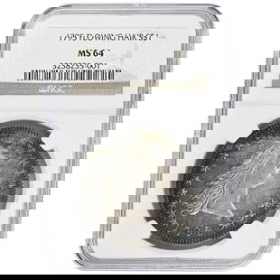 1795 Flowing Hair Dollar NGC MS64 Stunning Color and Luster: 1795 Flowing Hair Dollar NGC MS64 Stunning Color and Luster This 1795 $1 Flowing Hair Dollar is a remarkable uncirculated coin certified by NGC with a grade of MS64. Struck in silver at the Philadelph