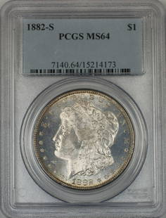 1882-S Morgan Silver Dollar PCGS MS 64 Proof-Like Toned Coin: 1882-S Morgan Silver Dollar PCGS MS 64 Proof-Like Toned Coin This 1882-S Morgan Silver $1 Coin is a stunning representation of American numismatic history. Certified by PCGS with a grade of MS 64, thi