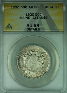 1920 Maine Commemorative Silver Half Dollar ANACS AU 58 Coin: 1920 Maine Commemorative Silver Half Dollar ANACS AU 58 Coin This 1920 Maine Commemorative Silver Half Dollar is a remarkable piece of numismatic history. Certified by ANACS with a grade of AU 58, thi