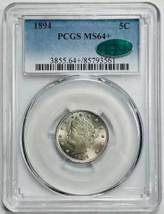 1894 P Liberty Head Nickel MS 64+ PCGS CAC Certified Uncirculated: 1894 P Liberty Head Nickel MS 64+ PCGS CAC Certified Uncirculated This 1894 P Liberty Head Nickel is a stunning example of numismatic history, certified by PCGS with an impressive grade of MS 64+ and