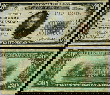 1929 T-2 $20 National Bank Note Lakewood OH Ch #13715 VF: 1929 T-2 $20 National Bank Note Lakewood OH Ch #13715 VF This $20 National Bank Note from 1929 (T-2) is a collectible piece of American currency, featuring a grade of VF (Very Fine) and is circulated.