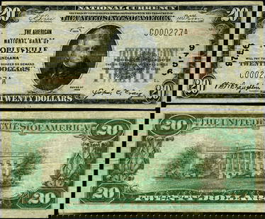 1929 T-1 $20 National Bank Note Ch #9756 Noblesville IN: 1929 T-1 $20 National Bank Note Ch #9756 Noblesville IN This $20 National Bank Note from 1929 (Type T-1) features a grade of VF (Very Fine) and is classified as circulated. It is an uncategorized piec