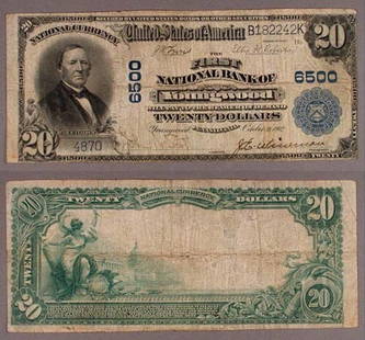 1902 $20 National Bank Note First NB Youngwood PA Circulated: 1902 $20 National Bank Note First NB Youngwood PA Circulated This 1902 $20 National Bank Note from the First National Bank of Youngwood, PA, is a remarkable piece of history. Graded as Very Good, this