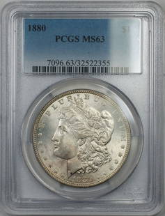 1880 Morgan Silver Dollar PCGS MS 63 Uncirculated Philadelphia Coin: 1880 Morgan Silver Dollar PCGS MS 63 Uncirculated Philadelphia Coin This 1880 Morgan Silver Dollar is certified by PCGS and graded as MS 63, indicating an uncirculated condition with excellent detail.